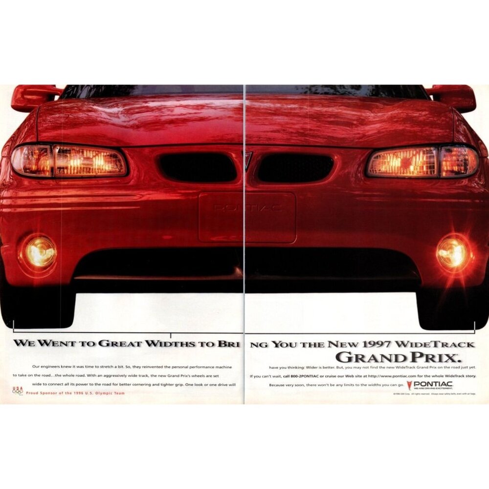 1996 Pontiac Grad Prix Wide Track 2 Page Vintage Print Ad Atlanta Olympics Art